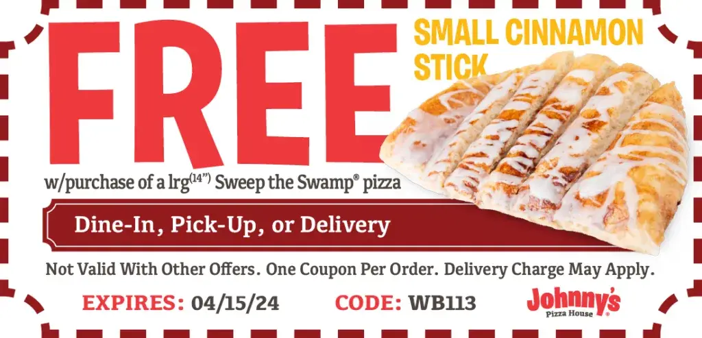 Free Small Cinnamon Sticks w/purchase of a Large (14") Sweep the Swamp® Pizza